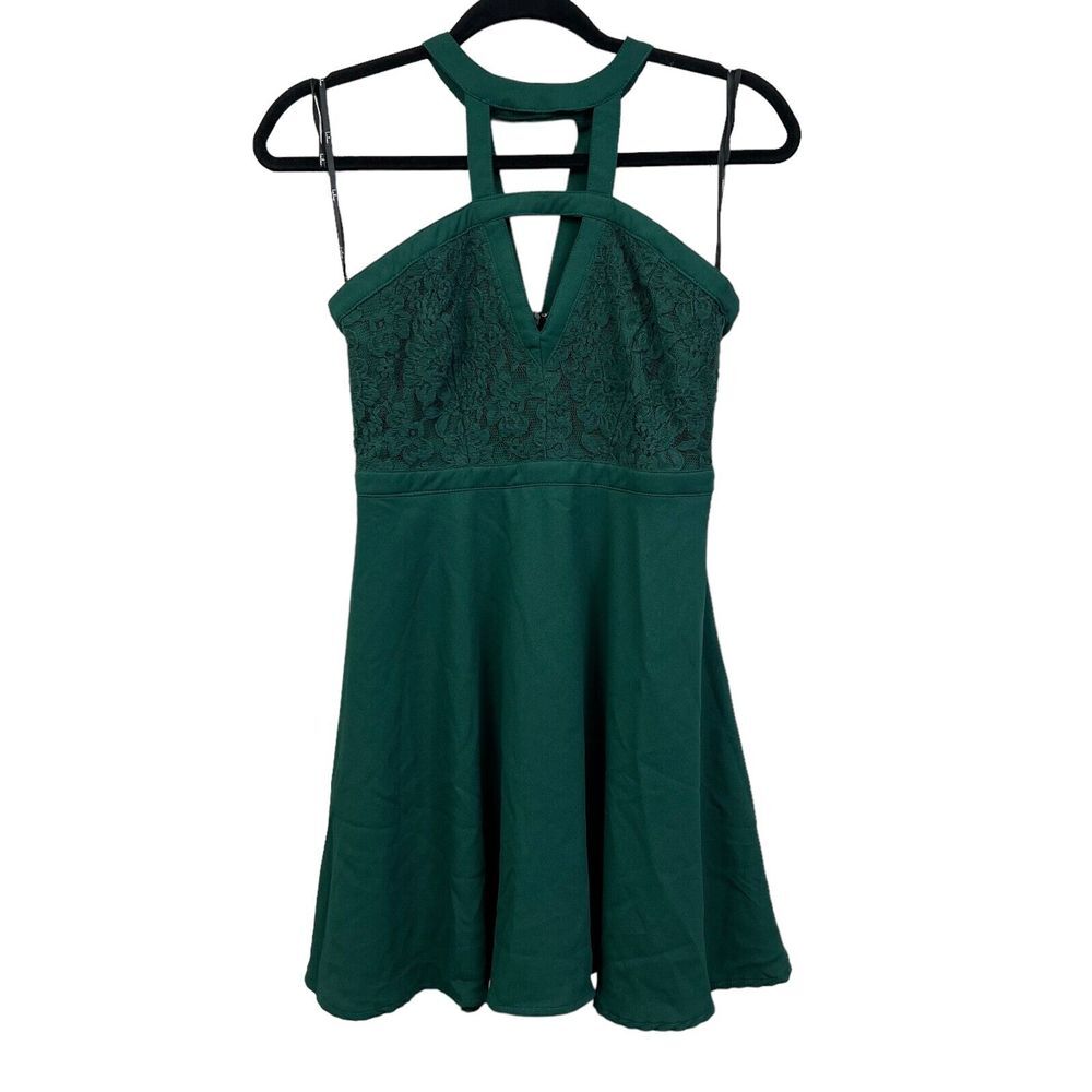 Lulus Womens Halter Mini Dress Lace Keyhole Neckline Lined Green Size S*